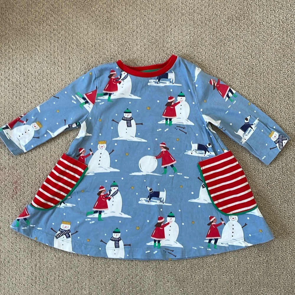 Mini Boden Blue Snowman Dress with Red Accents